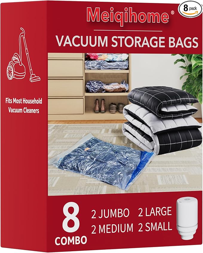Vacuum Seal Bags for Clothing Travel & Home Storage, travel vacuum bags with pump, Store Blankets, Comforters, Pillows, Seasonal Clothes Compactly,8 Pack With Electric Pump by MEIQIHOME