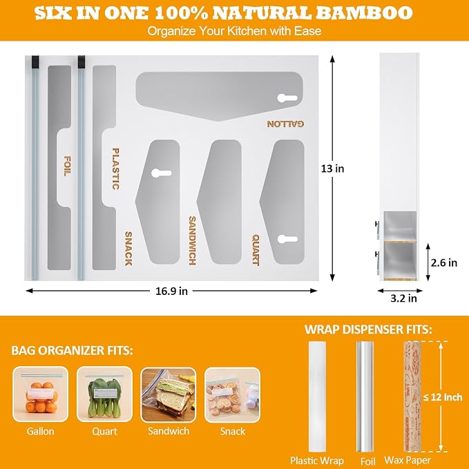 DALSHABET Bamboo Bag Organizer with Magnetic Closure, 6 In 1 Kitchen Drawer Foil and Plastic Wrap Dispenser with Cutter, Storage bag for Gallon, Quart, Sandwich, Snack White - Image 2