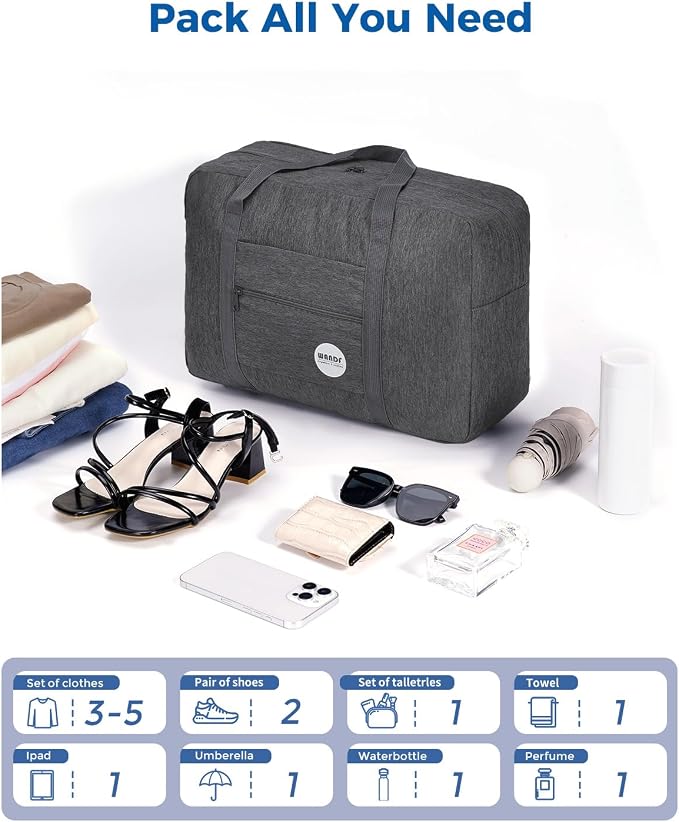 WANDF Personal Item Travel Bag, Carry On Duffle Bag Women | 18x14x8 inches, Airline Underseat Aprroved, Weekend Overnight Trips, Lightweight Packable - Image 5