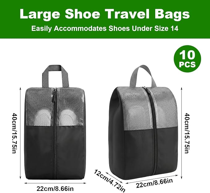 10 Pcs Shoe Bags For Travel Zipper, Zippered Travel Shoe Bags For Luggage, Travel Sneaker Zipper Bag Waterproof Oxford Cloth Shoe Storage For Men/Women (Black) - Image 2