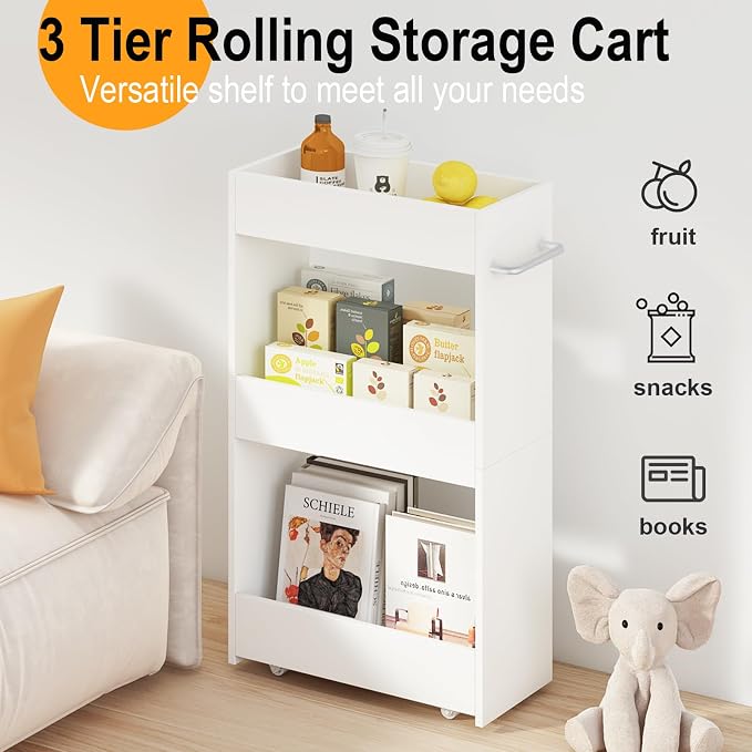 MARTY Slim Rolling Storage Cart 7.9" W Laundry Cart with Wheels,Wood, White | Narrow Utility Cart Between Washer and Dryer, 3 Tier Mobile Shelving Unit for Kitchen, Laundry, Bathroom, Office, Living Room - Image 6