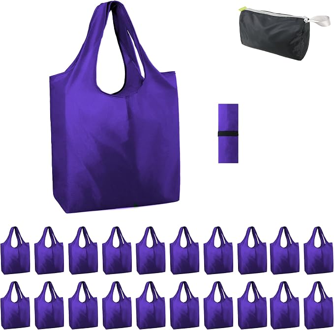 BeeGreen Purple Reusable Grocery Bags Wholesale Purple Reusable Kitchen Bags Bulk Foldable-Machine Washable with Zipper Storage Pouch 20 Packs by BeeGreen