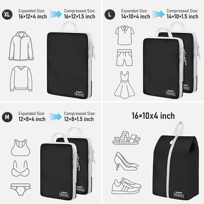 6 Set Compression Packing Cubes, Suitcase Organizer, Lightweight Travel Essentials, Compression Bags For Travel Accessories Luggage Storage Set (6Pcs, Black) - Image 2