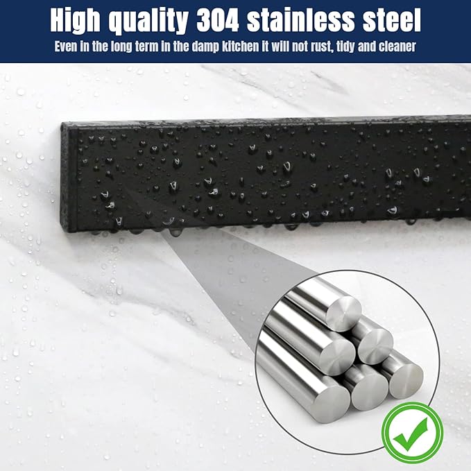 Dmore magnetic knife holder for wall—with 3 hooks, No Drilling, 16 Inch | Black knife magnetic strip, Powerful knife magnet rack, include Adhesive Tape and screws for Knives, Utensils, and Tools - Image 7