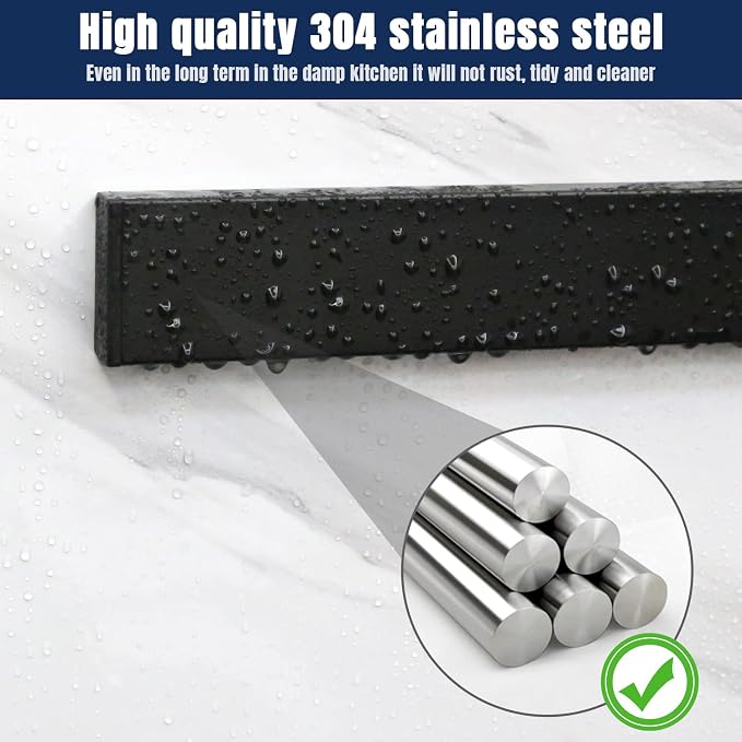 Dmore magnetic knife holder for wall—with 2 hooks, No Drilling 12 Inch black knife magnetic strip, Powerful knife magnet rack, include Adhesive Tape and screws for Knives, Utensils, and Tools - Image 7