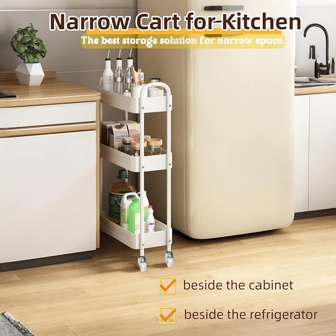 3 Tier Narrow Rolling Storage Cart for Laundry Room Bathroom Kitchen, 7.1'' Slim Utility Cart with Wheels and Lockable Casters Standing Shelf for Small Space & Between Washer and Dryer, White - Image 4