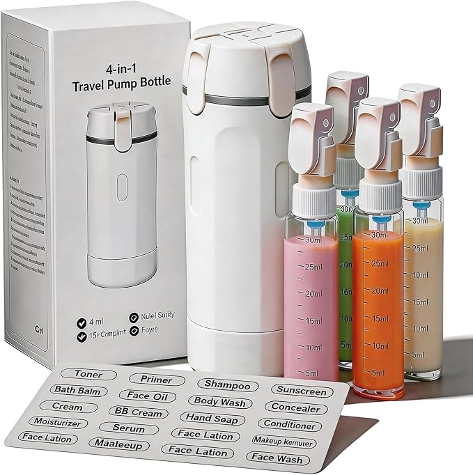 4 in 1 Travel Dispenser Bottle,4 Pack 30ML Travel Bottles for Toiletries, Leak Proof Travel Size Containers (White, OneSize) by Unknown