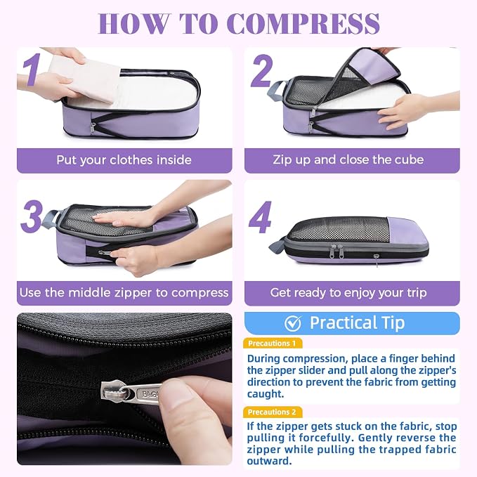 BAGAIL 4 Set/6 Set/8 Set Compression Packing Cubes Travel Accessories Expandable Packing Organizers(HalfMesh,8-Dusty Purple) - Image 6