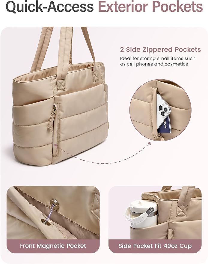 Uselike Tote Bag for Women with Zipper, Quilted Puffer Tote Bag with Compartments, Lightweight Puffy Work Bags for Women - Image 4