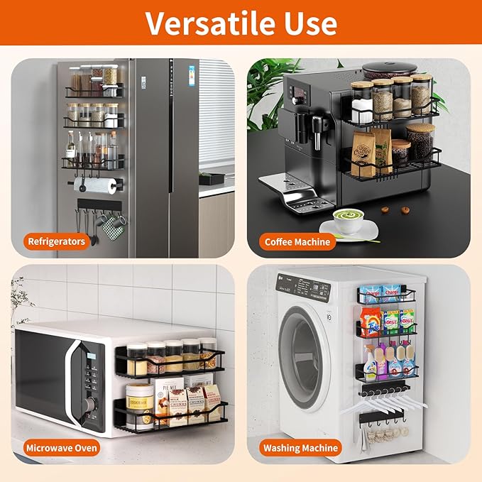 Magnetic Spice Rack,Multifunctional Magnetic Shelf for Washing Machine,Refrigerator,Microwave,and Any Metal Surface,Powerful Magnetic Shelves Include Magnetic Paper Towel Holder (5 pcs - Black) - Image 2
