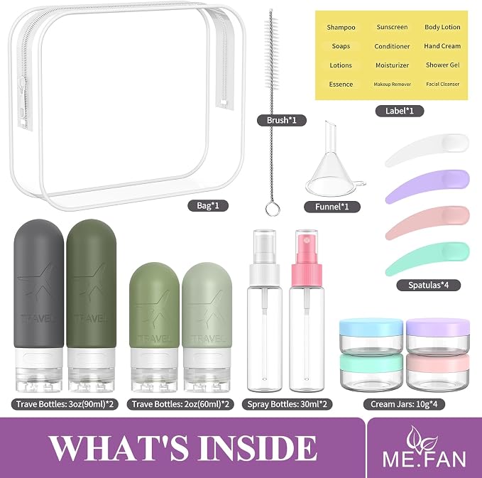 ME.FAN 18 Pack Travel Bottles for Toiletries, TSA Approved, Desert Sage | Travel Size Containers Set, Silicone Squeezable Portable Split Bottle, Travel Accessories for Conditioner, Shampoo, Lotion - Image 2