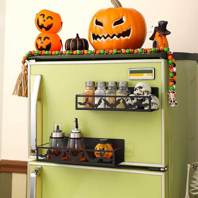 Beeveer 2 Pcs Magnetic Spice Rack for Refrigerator, Black Bat | Halloween Gothic Kitchen Decor, Spooky Home Accessories, 2 Sizes Metal Storage Shelf for Fridge Spices, No Drilling - Image 2