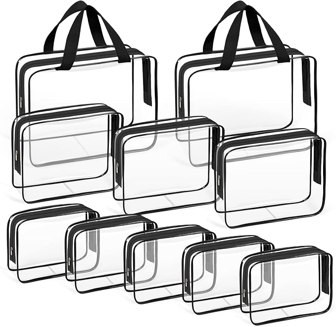 TISRATOK 10 PCS Clear Travel Bags for Toiletries, Clear Makeup Bags （Black） | 3 Size plastic clear bags with zipper handbag, TSA approved cosmetic pouch for travel, swimsuit,toy storage bags by TISRATOK