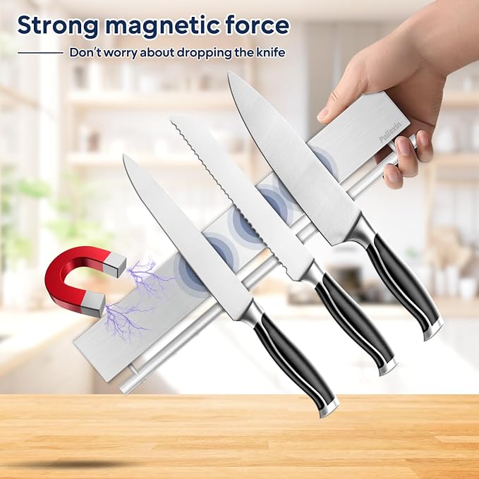 12 Inch Magnetic Knife Holder with 5 Hooks, No Drilling Wall Mount, Powerful Magnet Strip and Utensil Hanger - Image 4