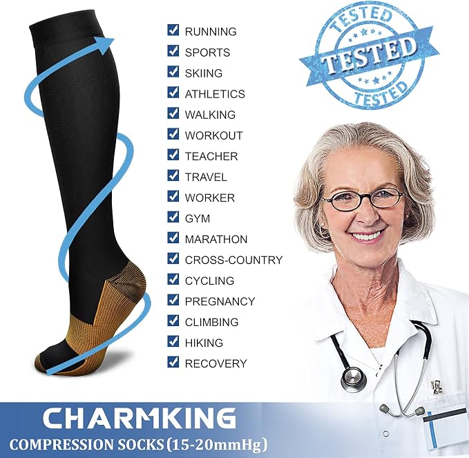 CHARMKING Compression Socks for Women & Men Circulation (8 Pairs) 15-20 mmHg Best Calf Socks Support for Athletic Cycling - Image 5