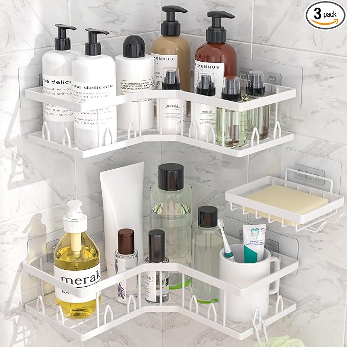 Shower Shelf Corner, Adhesive Shower Caddy Rustproof, Shower Shelves Corner with Soap Holder, No Drilling Shower Corner Organizer for Dorm, Renters Bathroom, White, 3 Pack by Dimyno