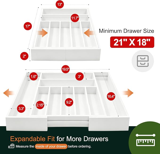 Large Premium Bamboo Silverware Organizer - Expandable Drawer Organizer & Utensil Organizer - 17"x19.7" Cutlery Tray with Dividers for Kitchen Utensils and Flatware (7-9 Slots) (White) - Image 2