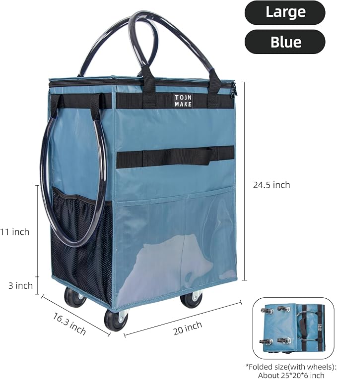Reusable Grocery Bag On Wheels (Large, Blue) Shopping Trolley with 8 Pockets and Zipper Cover Foldable Rolling Tote, Heavy Duty Handles, Carries Up to 66 LBS - Image 2