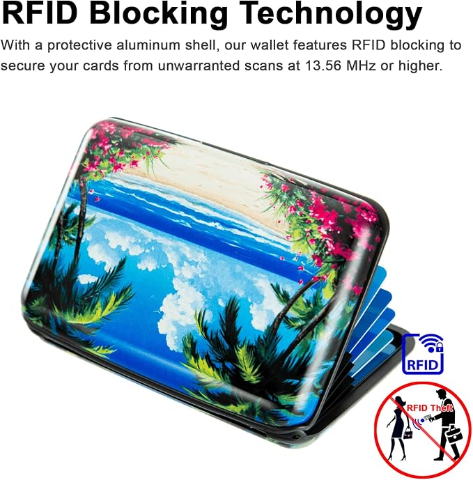 Credit Card Holder for Women Men RFID Blocking Wallet Small Business Metal Slim Mini Aluminum Hard Case (Tropical Beach Palm Trees) - Image 3