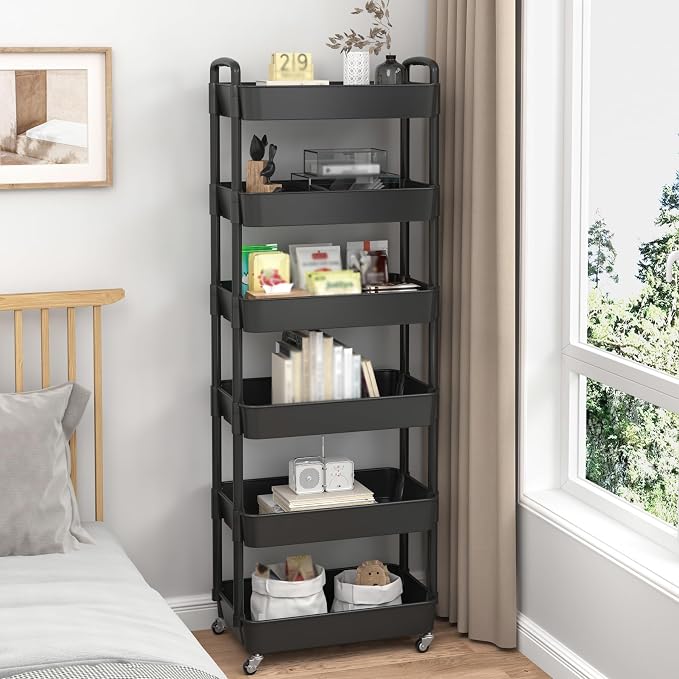 Sywhitta 6-Tier Plastic Rolling Utility Cart with Wheels for Storage,Black | Multi-Functional Storage Trolley, for Office, Living Room, Kitchen, Bathroom,Movable Organizer,Space-Saving,Easy to assemble - Image 6