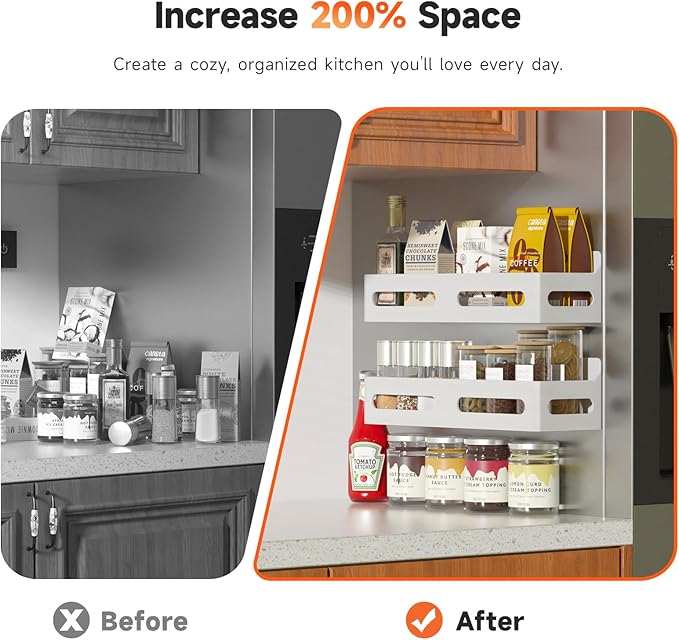 2-Pack Magnetic Spice Rack for Refrigerator with Hooks, White | Strong multipurpose magnetic shelf for kitchen & bathroom organization. Includes 4 removable hooks for hanging items. - Image 3