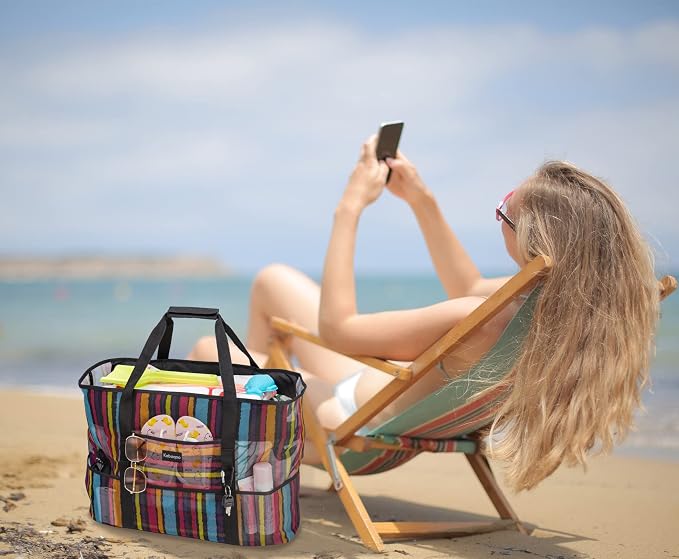 KABAQOO Mesh Beach Bag, Extra Large Beach Bags with 9 Pockets & Zipper Waterproof Lightweight Beach Tote for Beach/Pool Trip - Image 3