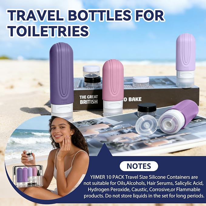Travel Bottles for Toiletries 10 Pack, TSA Approved Travel Size Toiletries Essentials Containers Set, Leak Proof Silicone Bottles Kit, Refillable Liquid & Creams Accessories (PURPLE) - Image 2