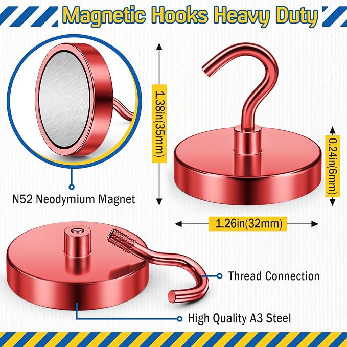 FINDMAG Magnetic Hooks for Cruise Cabins, 110lbs Magnetic Hooks | Cruise Ship Magnets for Grill, Classroom Organization, Strong Fridge Magnets, Office Supplies, 6 Pack, Red - Image 5