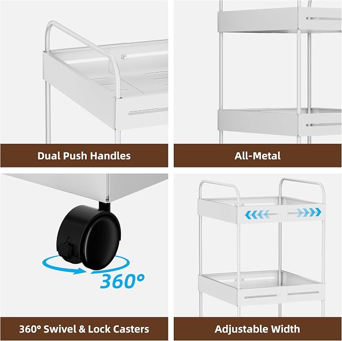 Extendable 3 Tier Heavy Duty Metal Utility Cart for Bath, White | Adjustable Storage Slim Cart | with 360° Swivel Wheels Cart | Detachable | Perfect for Laundry, Kitchen, Office, Garage - Image 8