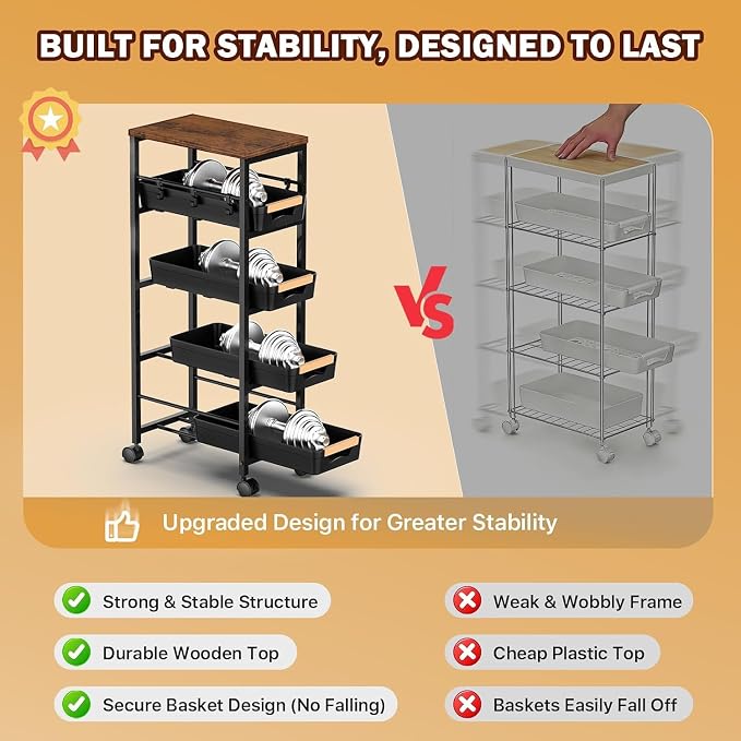 SUNALLY Slim Storage Cart with Wheels, Narrow Kitchen Rolling Cart, Black | 5-Tier Skinny Rolling Cart with Wooden Top & Lockable Wheels, Storage Organizer for Bathroom, Laundry Room, Narrow Space - Image 6