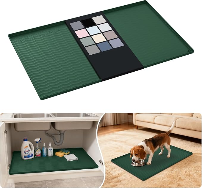 URMONA Waterproof Silicone Under Sink Mat 34'' x 22'' Shelf Liner for Kitchen and Bathroom, Cabinet and Counter Protector, Storage and Organizers, Litter Mat, Pet Cat Puppy Essentials(Green) by URMONA