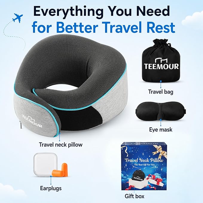 Travel Pillow-Neck Pillows for Airplanes, Memory Foam Travel Neck Pillow for Long Flights|Airport Travel Essentials 360° Support Gifts for Travellers With Eye Mask & Earplugs, Portable Carry Bag - Image 5