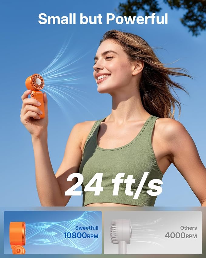 SWEETFULL Mini Portable Handheld Fan with Ice Cooling, 4000mAh Pocket Turbo Fan Rechargeable, 3 Speed, Lightweight Foldable Personal Hand Fan for Travel, Beach Vacation, Women Girls (Orange) - Image 3