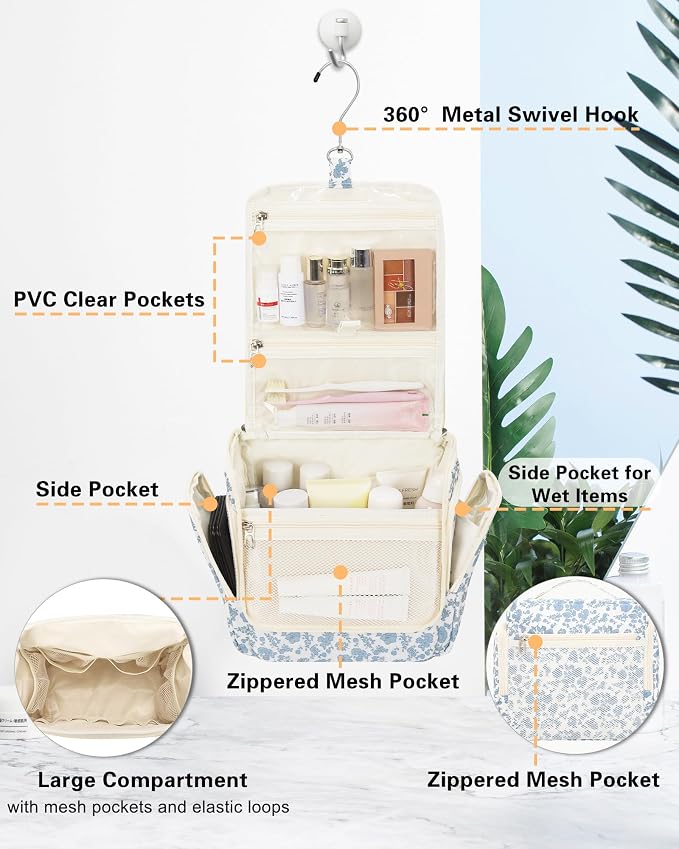 Relavel Hanging Toiletry Bag for Women, Travel Makeup Organizer Bag, Floral | Large Traveling Toiletries Bag Cosmetic Storage for Travel Size Essentials Kit Shower Caddy Bag for Bathroom Plane Beach Gym - Image 2