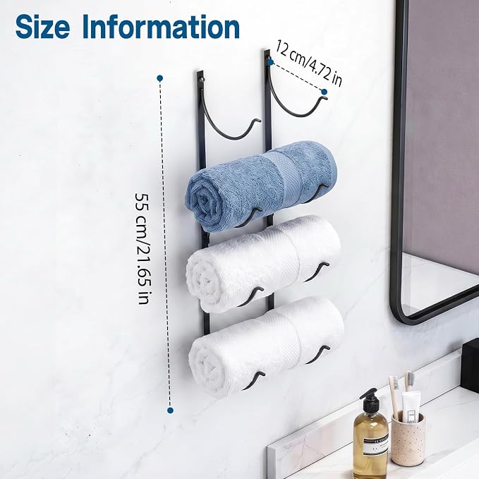 4-Tier Bathroom Rolled Towel Rack Wall Mounted Towel Storage Holder, Adhesive & Drill Hanging Organizer for Towels, Blankets, Large Bath Sheets, Space Saving in RV, Apartment Friendly - Image 2
