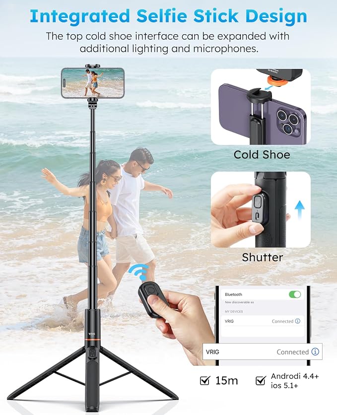 VRIG 63" Phone Selfie Stick Tripod Cell Phone Tripod with Wireless Remote | Extendable Portable Adjustable Tripod Stand for Recording Travel, Compatible with iPhone17 16 15 Android Camera - Image 2