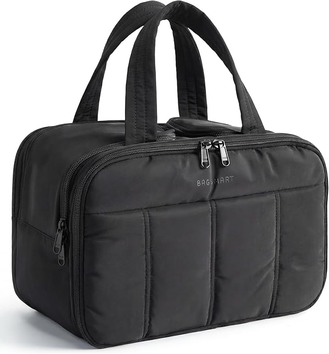 BAGSMART Travel Toiletry Bag, Puffy Large Toiletry Bag for Women, Lightweight Cosmetic Makeup Bag Organizer with Handle for Traveling, Accessories, Essentials, Toiletries (Black) by BAGSMART