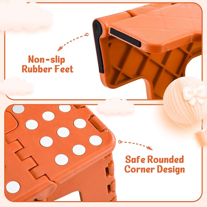 Folding Step Stool 9 Inch for Kids and Adults, 300 lbs, Orange | Lightweight Plastic Small Foldable Step Stool with Handle, Non-Slip, for Kitchen, Bathroom, Bedroom and Closet - Image 6