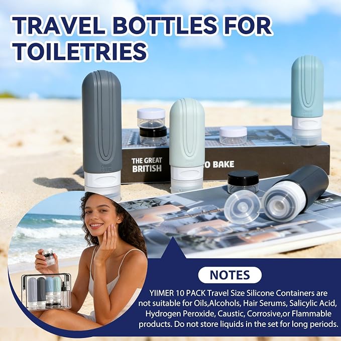 Travel Bottles for Toiletries 10 Pack, TSA Approved Travel Size Toiletries Essentials Containers Set, Leak Proof Silicone Bottles Kit, Refillable Liquid & Creams Accessories (GRAY) - Image 2
