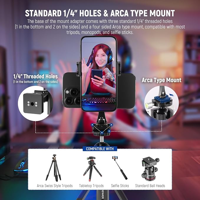 NEEWER Metal Phone Tripod Mount Adapter with Arca QR Base, 360° Rotatable Dual Cell Phone Clip Clamp Holder with 4 Cold Shoes Compatible with iPhone Samsung for Vlog Live Stream Video Recording, SP-08 - Image 5
