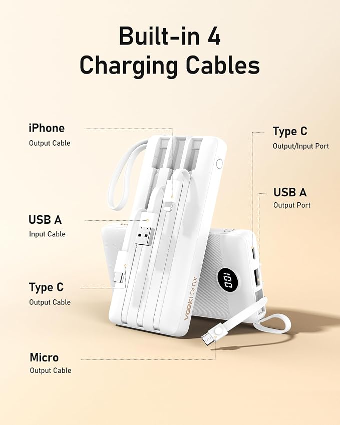 VEEKTOMX 10000mAh Portable Charger with 4 Built-in Cables | Slim Power Bank, USB-C Battery Pack with iPhone & Micro USB, TSA Approved Travel Charger for iPhone, Samsung, Android, White - Image 3