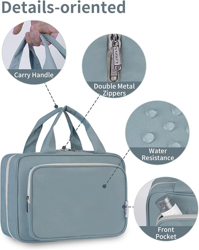 Narwey Travel Toiletry Bag for Women Large Hanging Makeup Bag Organizer Toiletries Bag for Full Size Essentials Accessories Cosmetics (Greyish Blue (Large)) - Image 8