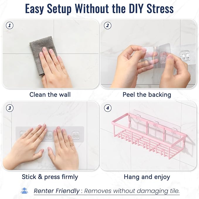 8 Pack Adhesive Rustproof Shower Caddy with Soap Dishes, Toothbrush Holder & Hooks, Large Capacity No-Drilling Shower Shelves Rack for Bathroom Organizers and Storage Accessories, Pink - Image 6