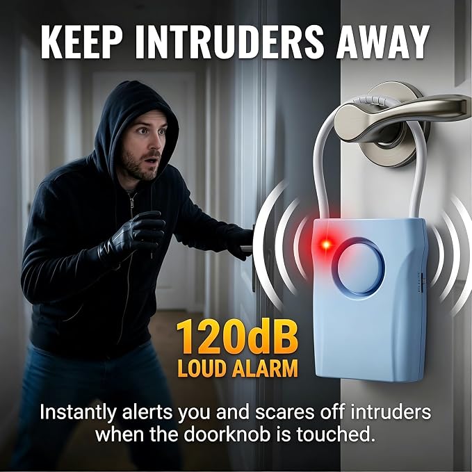2 Pack Door Handle Alarm with Vibration Sensor | 120dB Siren, 3 Sensitivity Levels, Chime/Doorbell Mode, Portable Security for Travel, Hotel, Home, Apartment, Dorm - Image 4