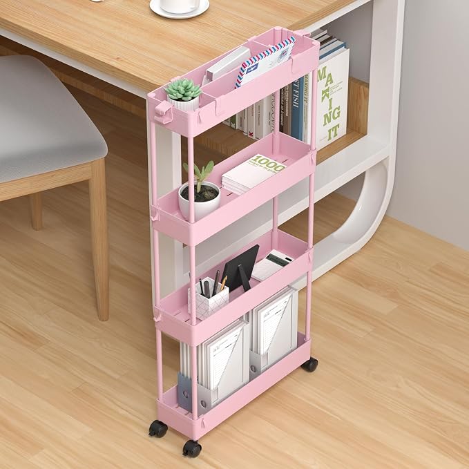 Slim Storage Cart 4 Tier,Bathroom Organizer Rolling Utility,Mobile Shelving Unit Slide Out for Office, Kitchen, Laundry Room & Narrow Places,Pink - Image 5