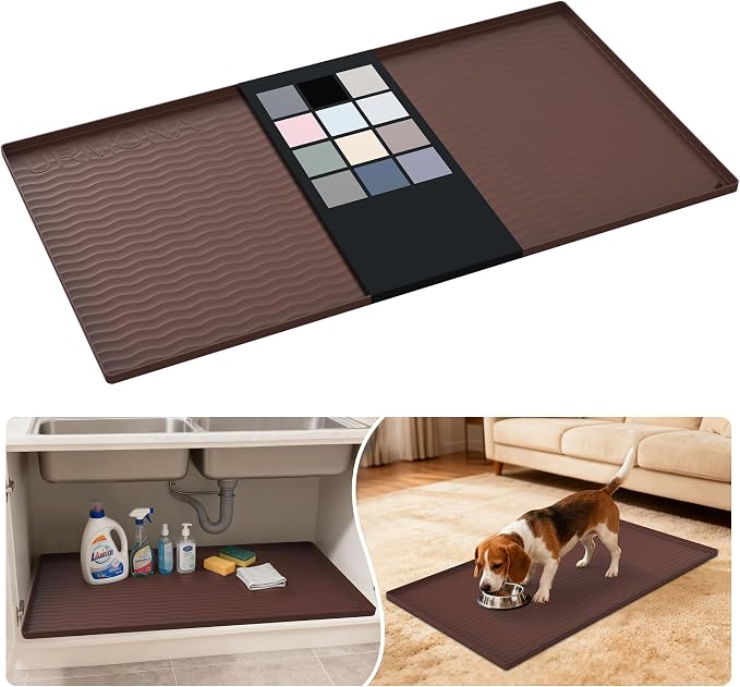 URMONA Waterproof Silicone Under Sink Mat 40'' x 22'' Shelf Liner for Kitchen and Bathroom, Cabinet and Counter Protector, Storage and Organizers, Litter Mat, Pet Cat Puppy Essentials(Brown) by URMONA