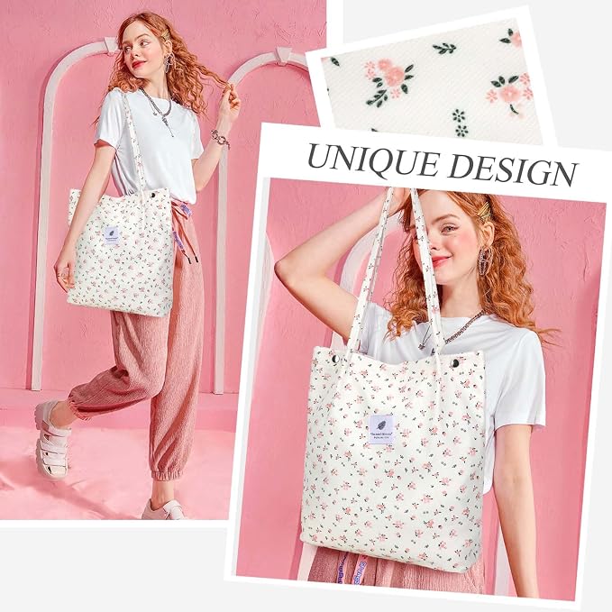 LHMTQVK Corduroy Tote Bags for Women, Large Capacity Tote Purse Reusable Grocery Shoulder Bag with Inner Pockets - Image 7
