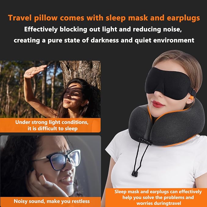 MLVOC Airplane Travel Neck Pillow for Sleeping, 3D-Eye Mask & Earplugs Kit | 3-in-1 Travel Kit, Eye Mask + Earplugs, Curved Neck & Chin Support, Rope Lock Fit, Memory Foam Keeps It’s Shape - Image 3