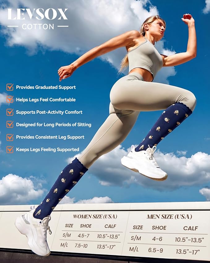 LEVSOX Cotton Compression Socks for Women Men 20-30 mmHg Knee High Cute Support Sock for Nurses Flying Pregnancy - Image 5