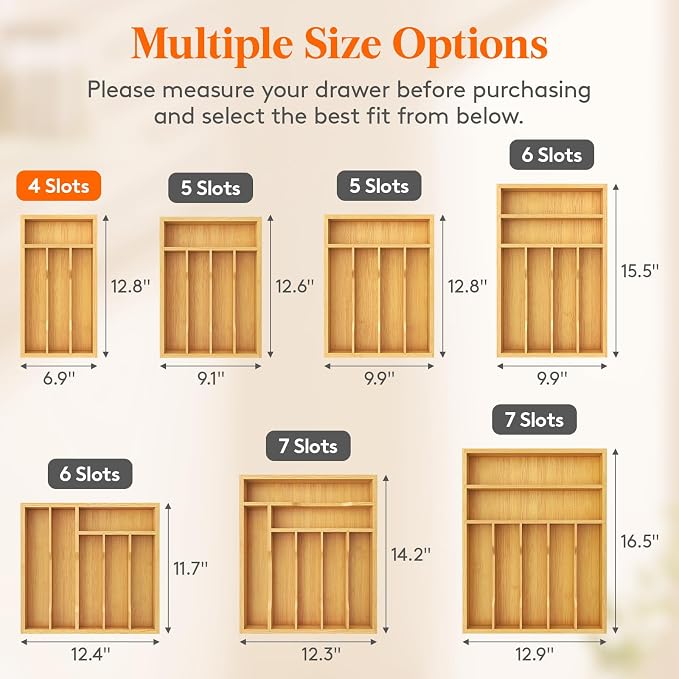 Lifewit Silverware Drawer Organizer, Wooden Utensil Tray for Kitchen | Flatware and Cutlery Holder, Adjustable Storage for Spoons Forks Knives, 6.9 x 12.8", Natural - Image 2